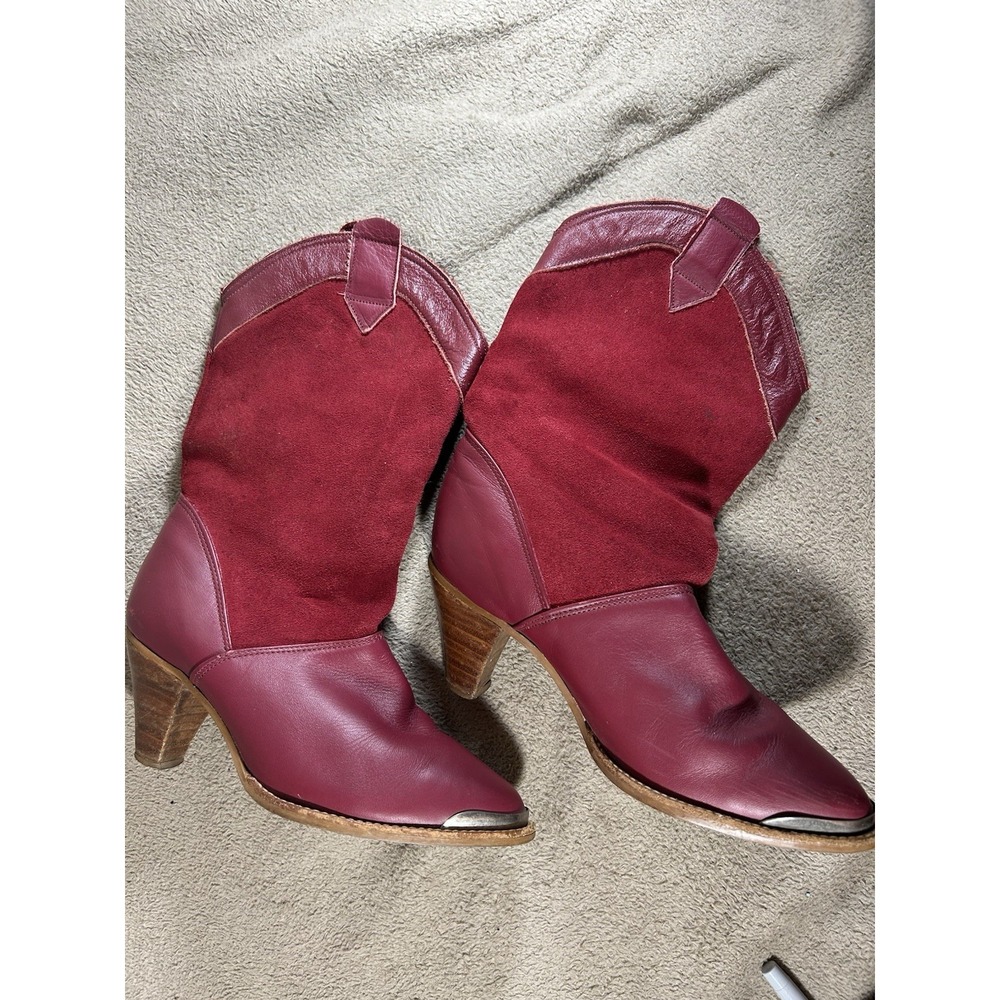 Vintage Burgundy Leather Suede Western Cowboy Boots Pointed Metal Toe Womens 5B